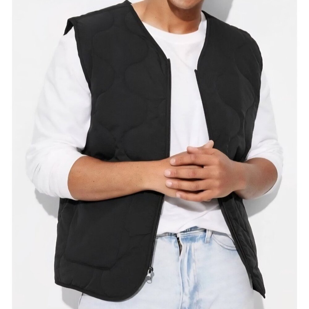 Quilted Black Vest W Pockets Original Use Men Size L Full Zip-Up‎ Lightly Padded